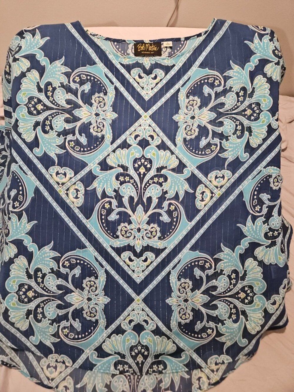 Bob Mackie Wearable Art Blue Damask Shimmer Poncho Blouse - Large